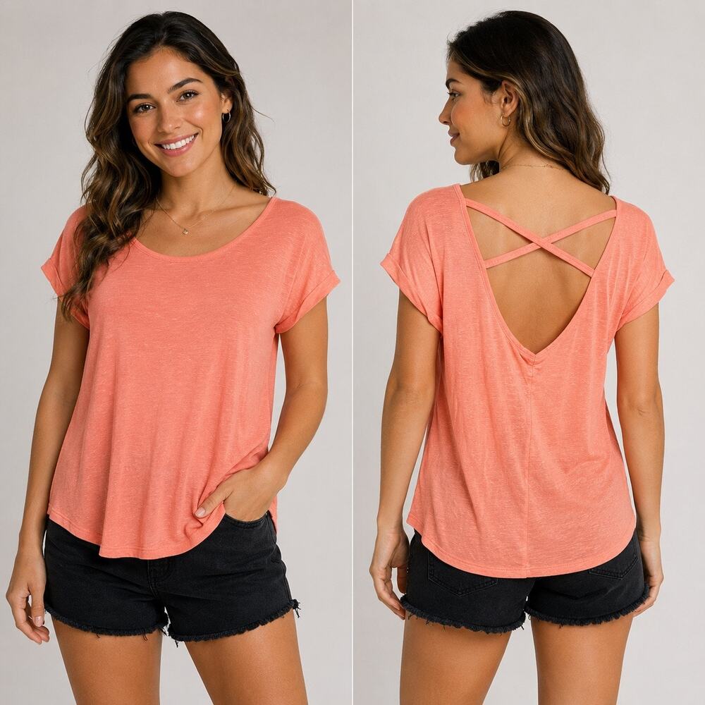 JLo Jennifer Lopez Womens Cross Back Swing T Shirt Top Gold Specked Orange Small
